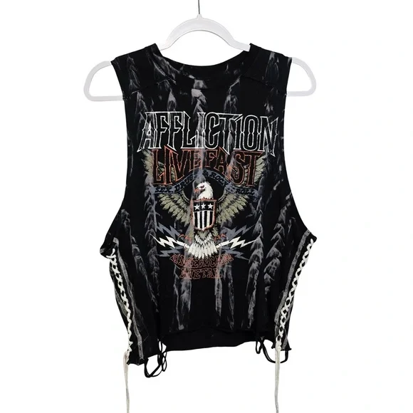 Affliction Live Fast American Metal Eagle Lace-Up Tank Top Black Small USA - Picture 1 of 6